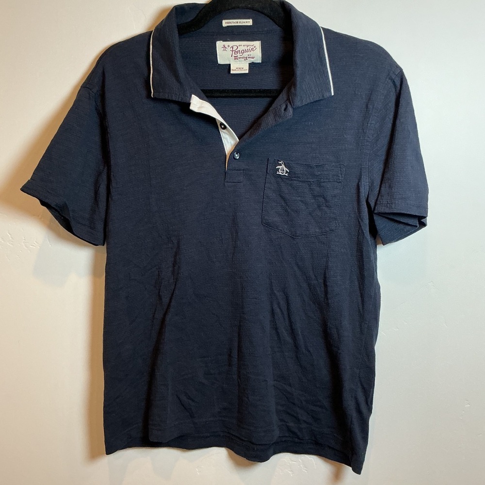 Original Penguin Heritage Slim Fit Polo Shirt Navy Blue Pocket Logo Medium M